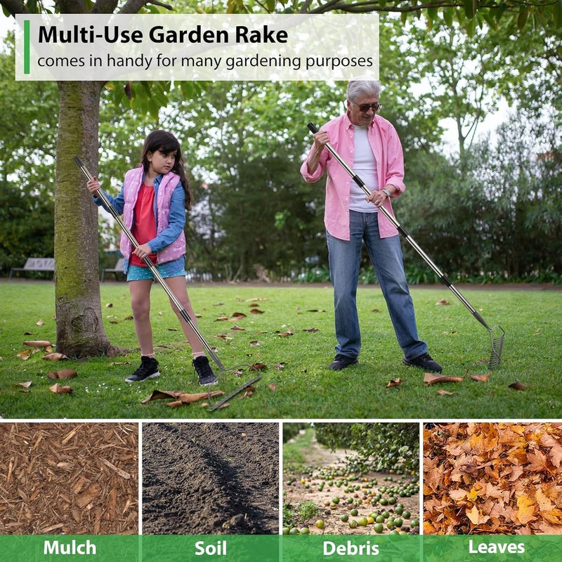 Feblomst Rake for Leaves, Garden Bow Rake Heavy Duty, 48 in Leaf Rakes for Lawns, Yard Gardening Tools with Back-Saving Handle, 14 Metal Tines Head for Loosen Soil, Clear Gravel Grass Rock, Level Mulch - Image 5
